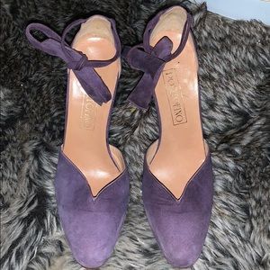 Purple suede heels with tie up at ankle